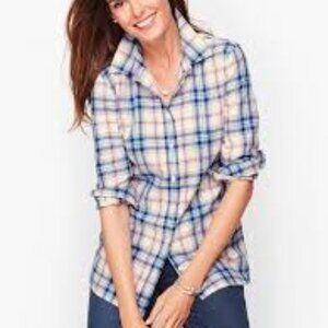Talbots Classic Cotton Shirt - Enchanted Blue Plaid Size Petite L NWT